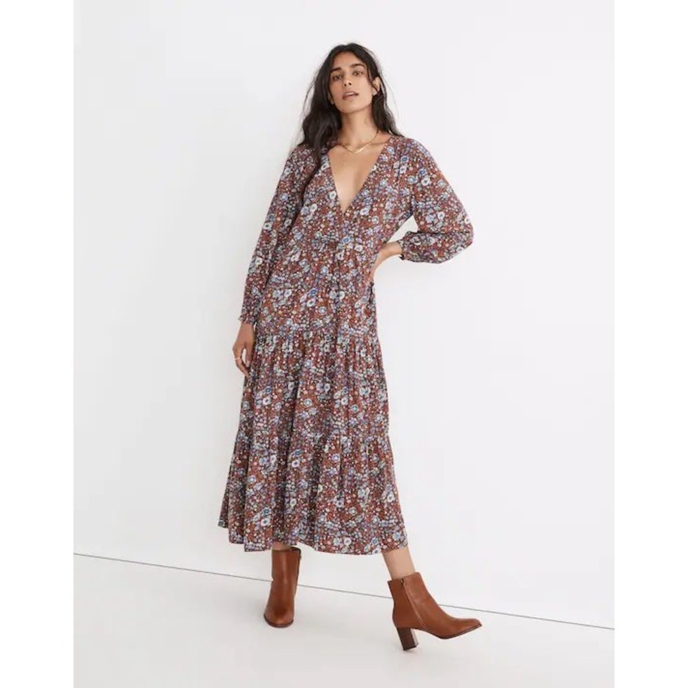 Fall Madewell Challis Wrap Midi Dress Womens XL Woodland Floral Tiered Peasant